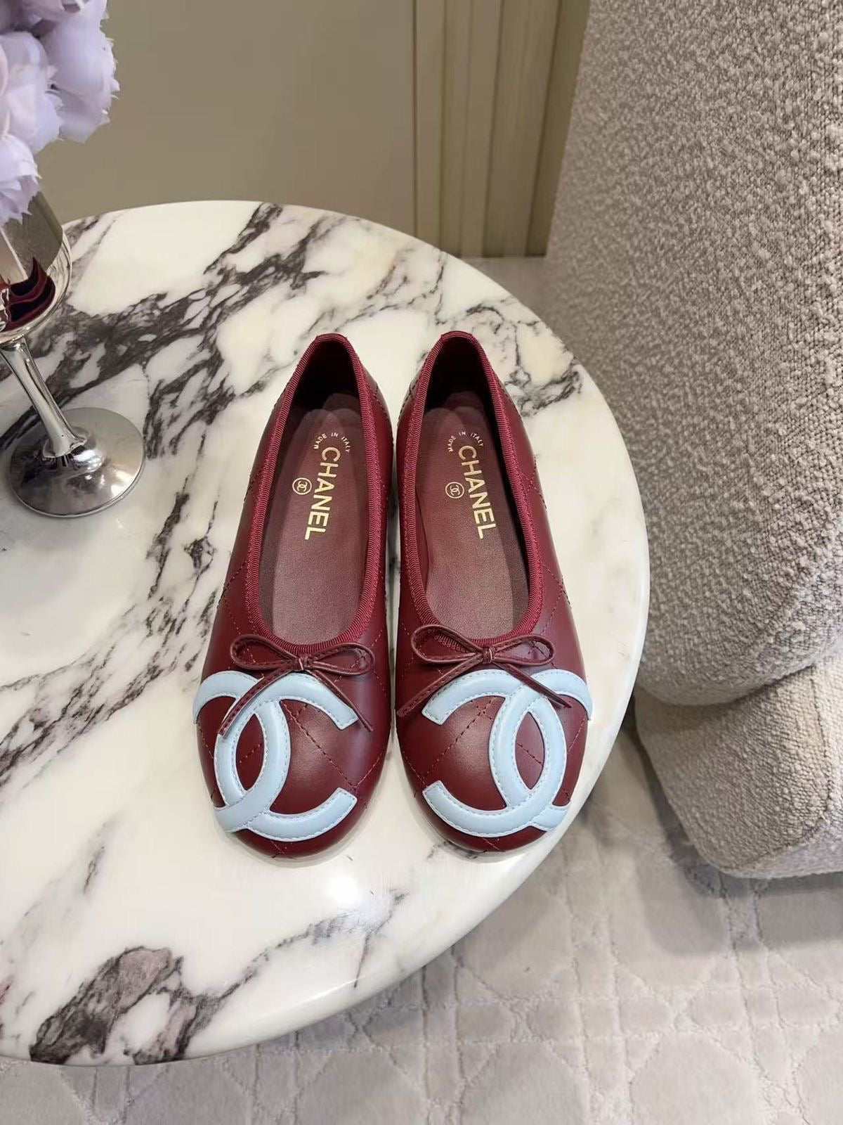 Chanel Square Toe Ballerina Flats in burgundy with CC logo